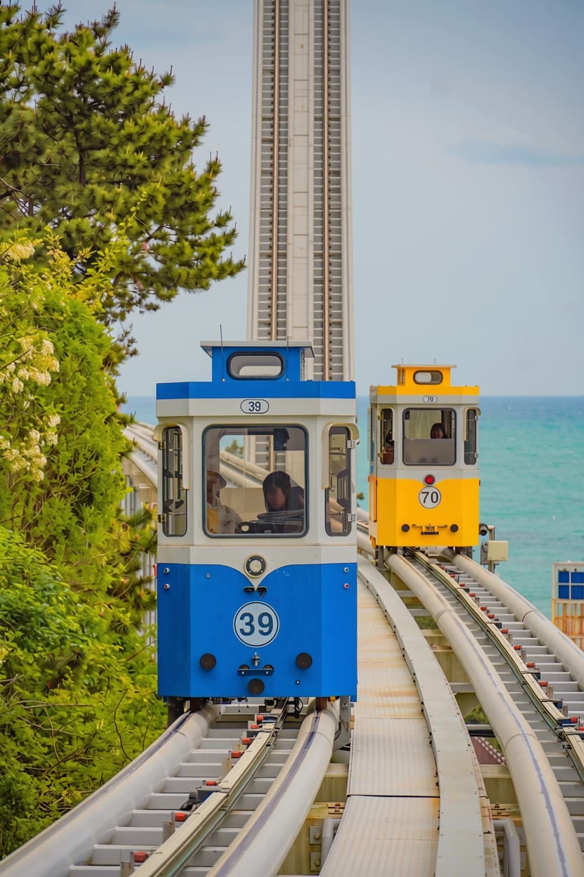 Ride pastel Sky Capsules along Busan's coastline at golden hour